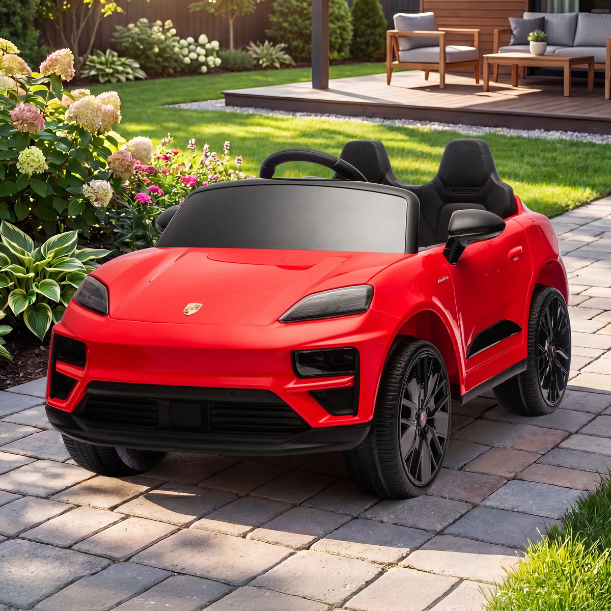 Red Porsche Macan Turbo EV kids ride-on car by Everything Baby, 12V electric toy vehicle for children with realistic design.