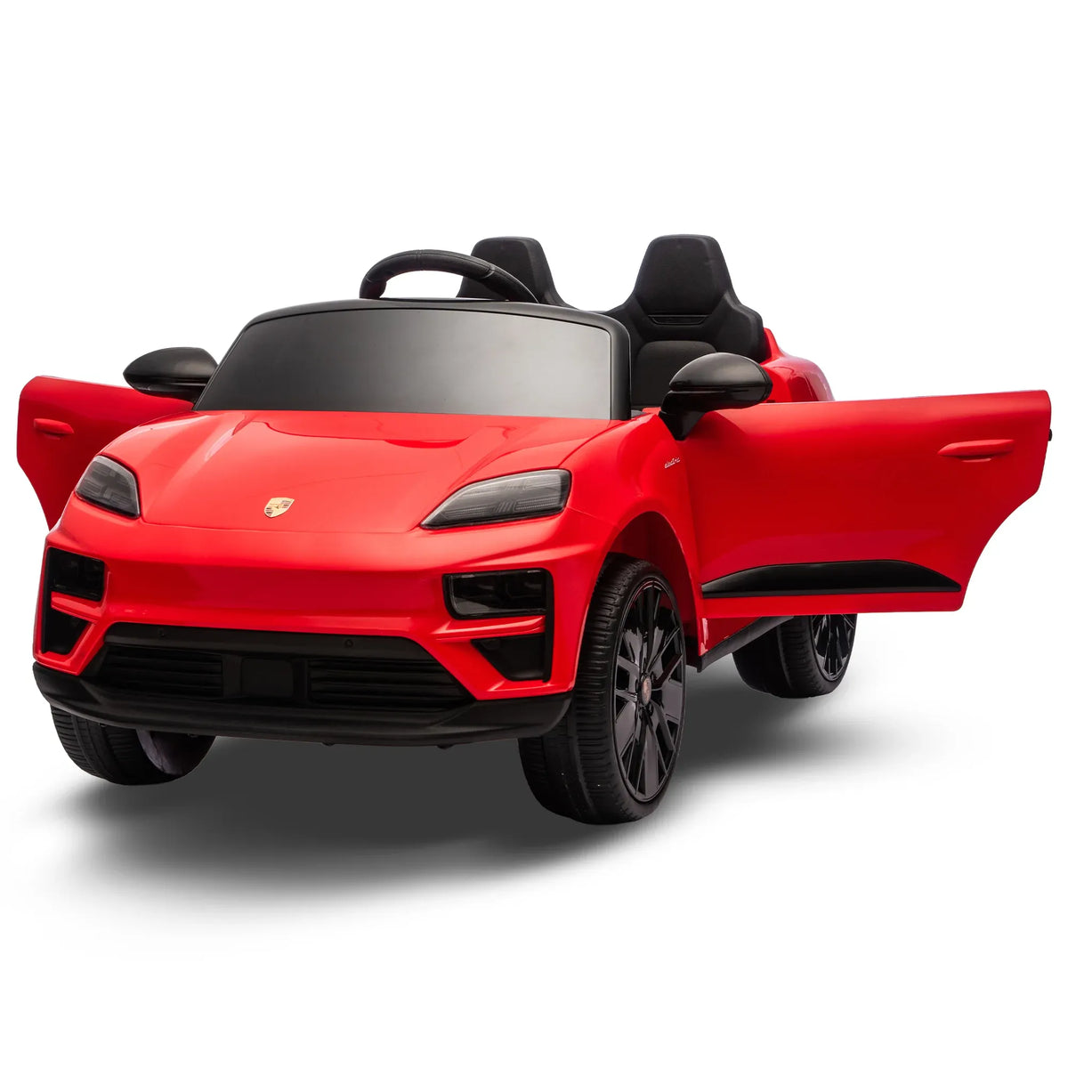 Red Porsche Macan Turbo EV kids ride-on car with 12V electric motor, featuring realistic design for children’s outdoor play.
