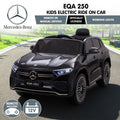 Kids riding a Kahuna Mercedes-Benz EQA 250 12V electric ride-on car with parental remote control, in a bright outdoor setting.
