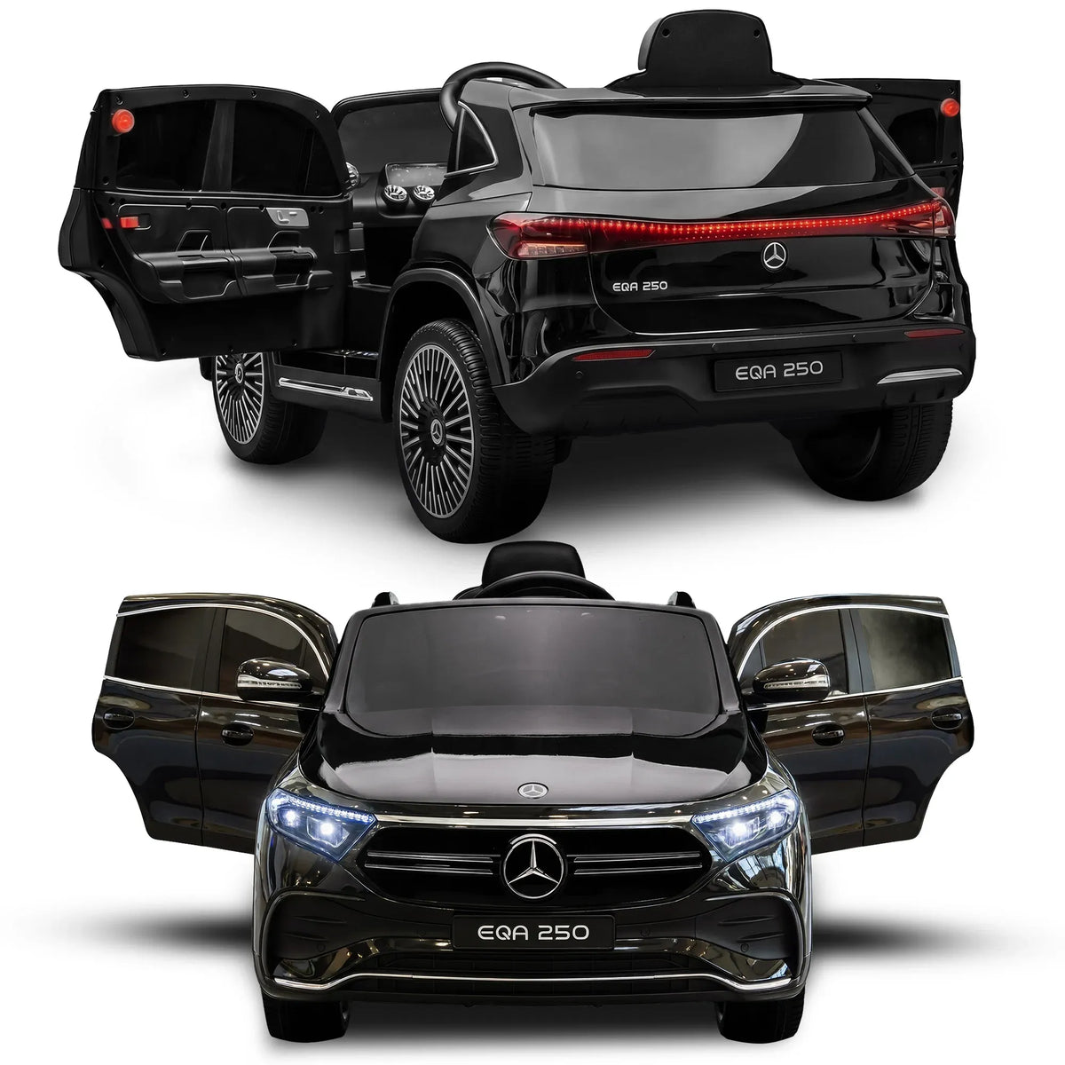 Kids riding the Kahuna Mercedes-Benz EQA 250 12V electric ride-on car with parental remote control.