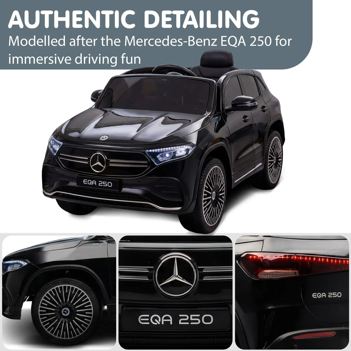 Kahuna Mercedes-Benz EQA 250 kids 12V electric ride-on car with parental remote control, featuring realistic Mercedes design.