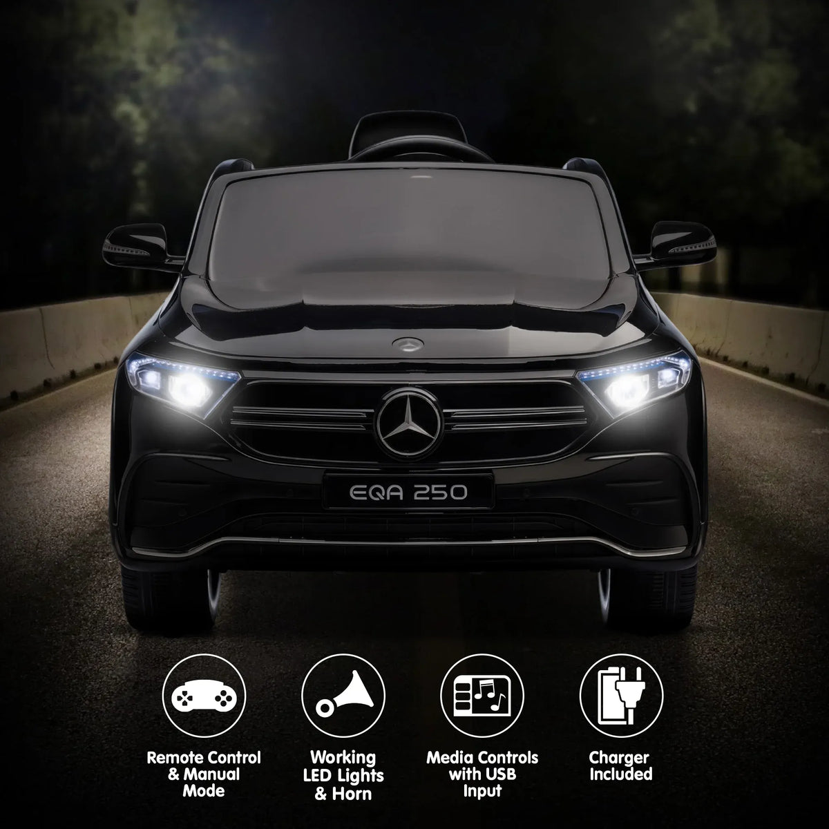 Kahuna Mercedes-Benz EQA 250 kids' 12V electric ride-on car with remote control, black and silver, realistic design for children