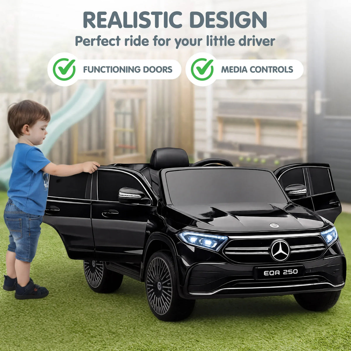 Kids ride-on Mercedes-Benz EQA 250 electric car by Everything Baby, with parental remote control and realistic design.