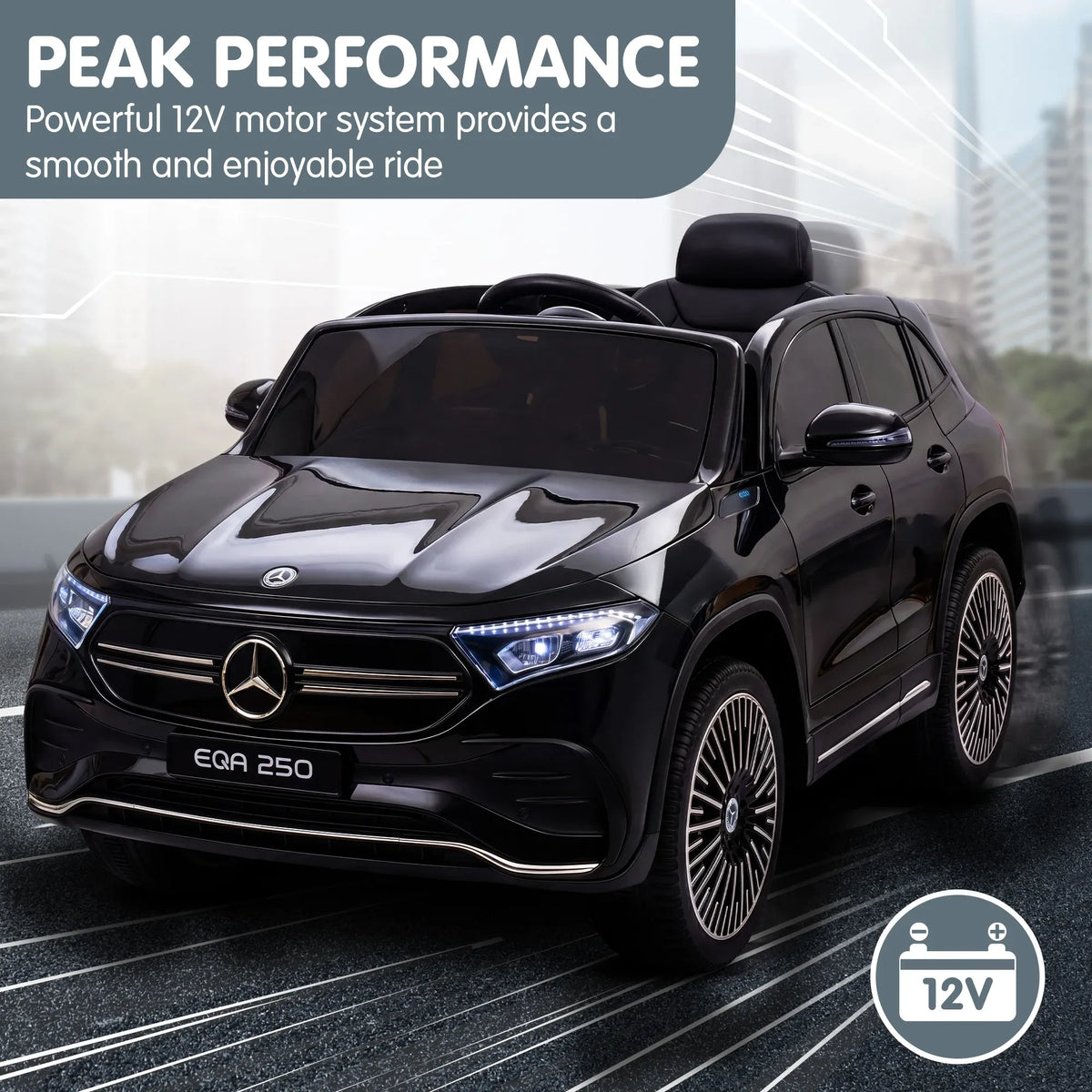 Kids ride-on electric car by Everything Baby, Mercedes-Benz EQA 250 model with remote control for children, black and sleek design.