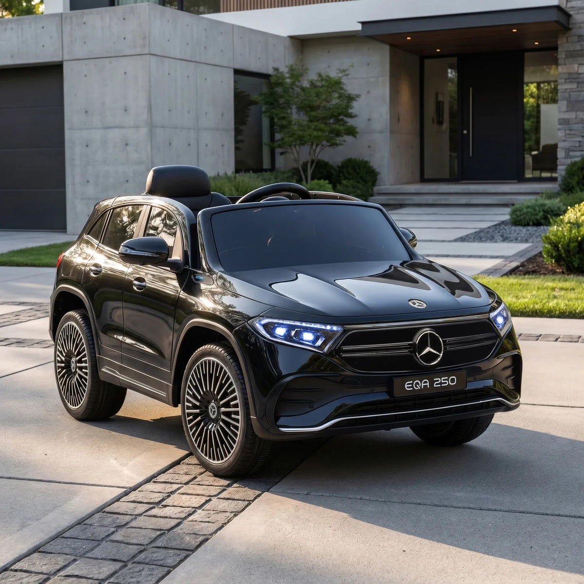 Kids riding the Kahuna Mercedes-Benz EQA 250 electric ride-on car with parental remote control, designed for children’s outdoor fun.