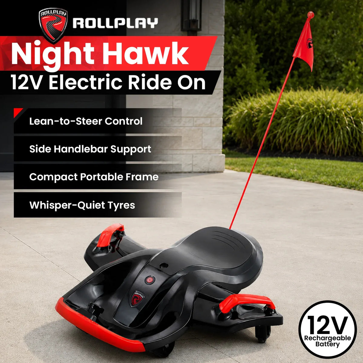 Kahuna Nighthawk Bolt 12V electric ride-on go-kart for kids with black and red design, featuring steering wheel and sporty details.