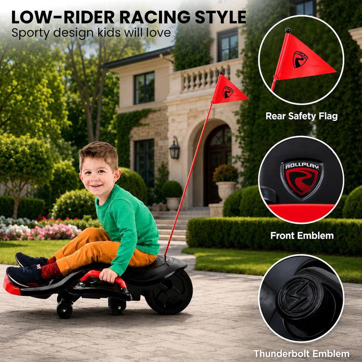 Kahuna Nighthawk Bolt 12V electric ride-on go-kart for kids, with black and red design and safety features, by Everything Baby.