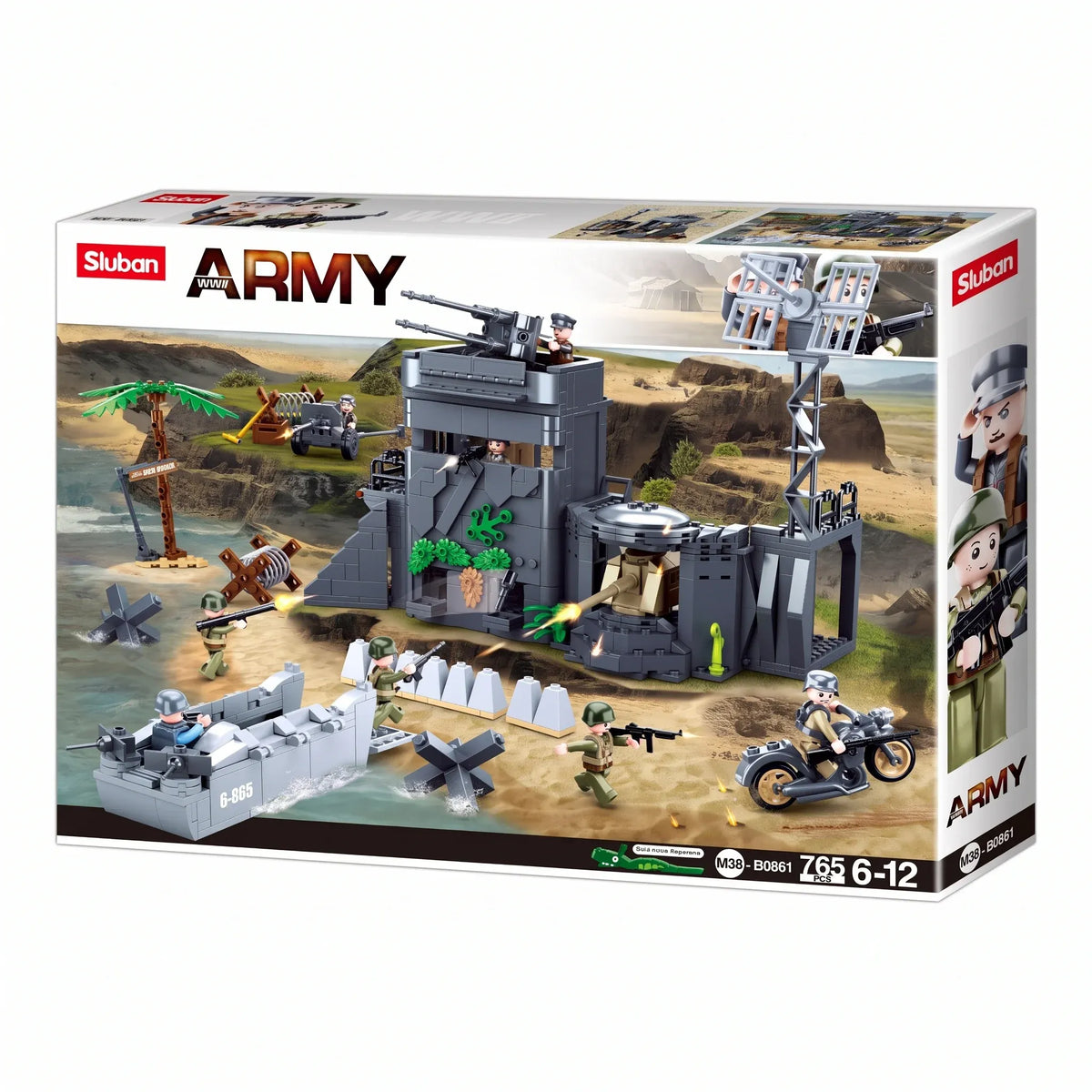 Sluban WWII Atlantic Wall coastal bunker model kit for kids, featuring military defense set with miniature army outpost and accessories.