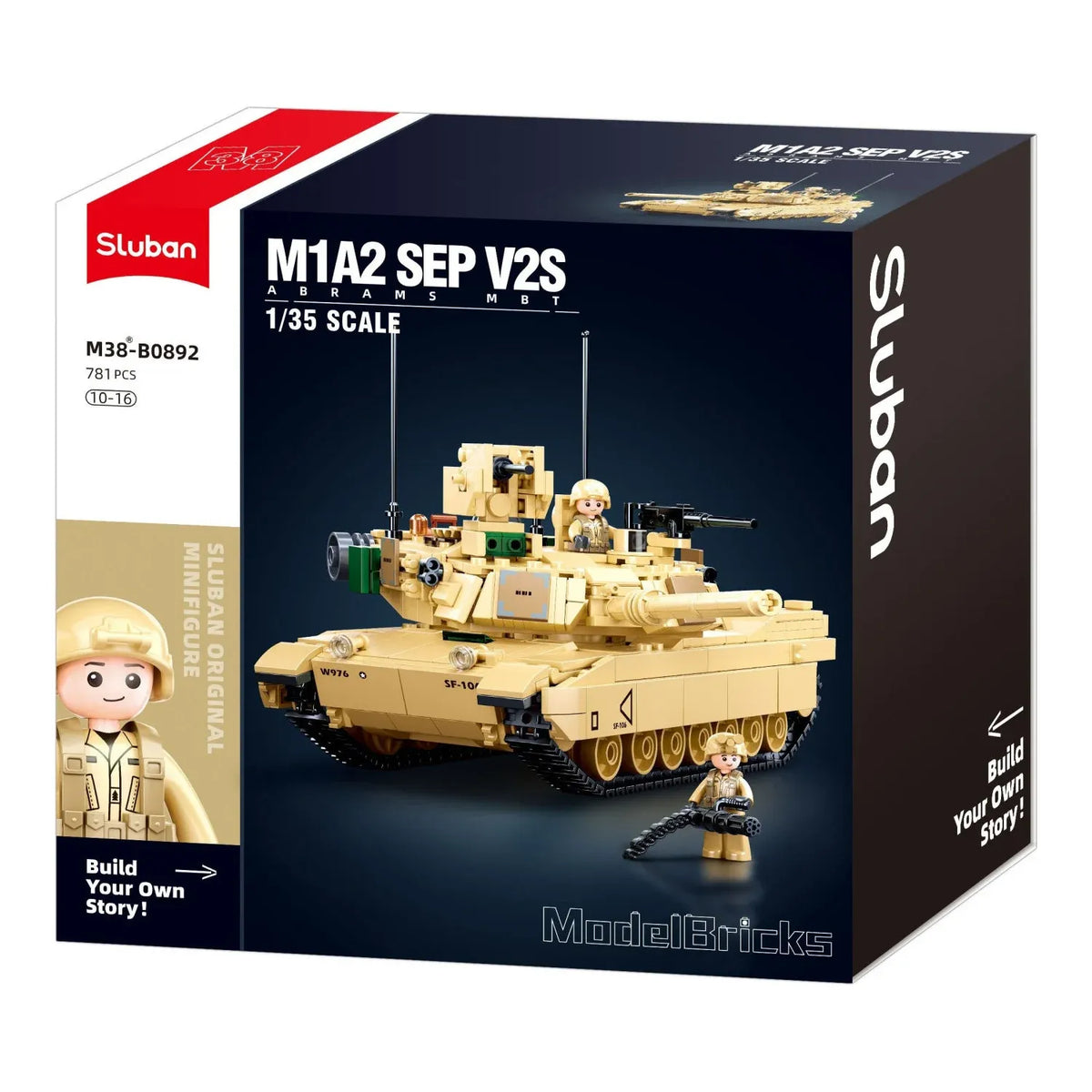 Sluban B0892 M1A2 Abrams tank model kit by Everything Baby, detailed desert military toy with building blocks for kids.