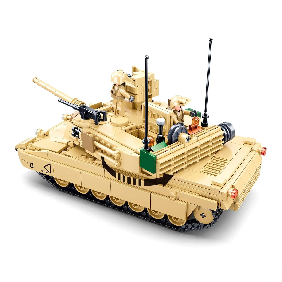 Sluban B0892 M1A2 Abrams tank model kit with desert camouflage, assembled military toy vehicle for kids, featuring detailed construction.