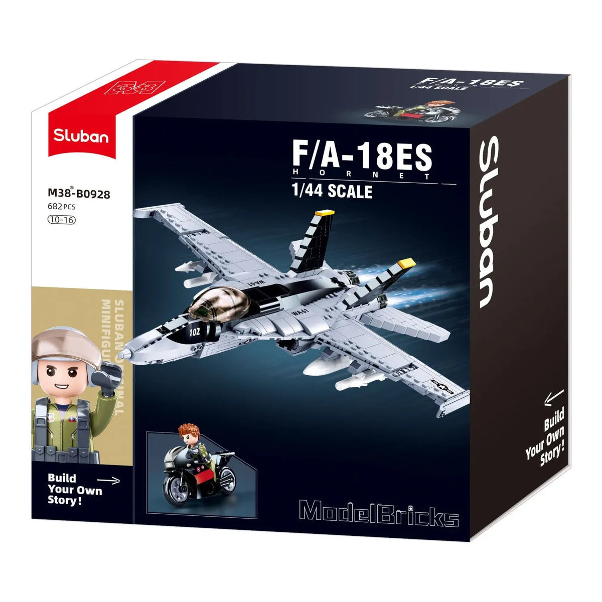 Sluban B0928 FA18 Super Hornet fighter jet model kit from Everything Baby, assembled with colorful building blocks for kids.