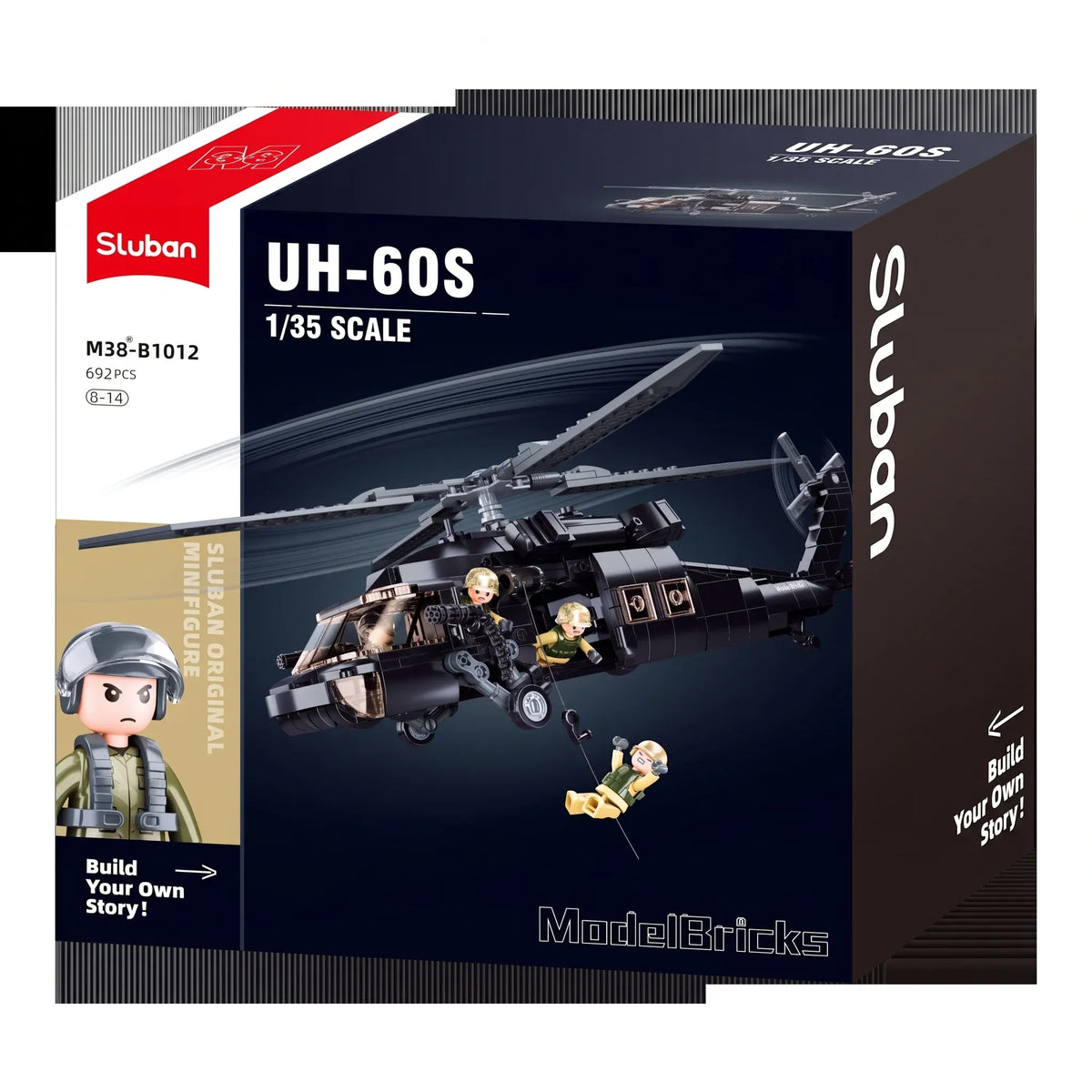 Sluban B1012 UH60 Black Hawk medical rescue helicopter model kit for kids, featuring military-themed building blocks and detailed design.