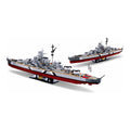 Sluban B1102 WWII Bismarck Battleship model kit showing assembled navy warship with detailed military block construction for kids.