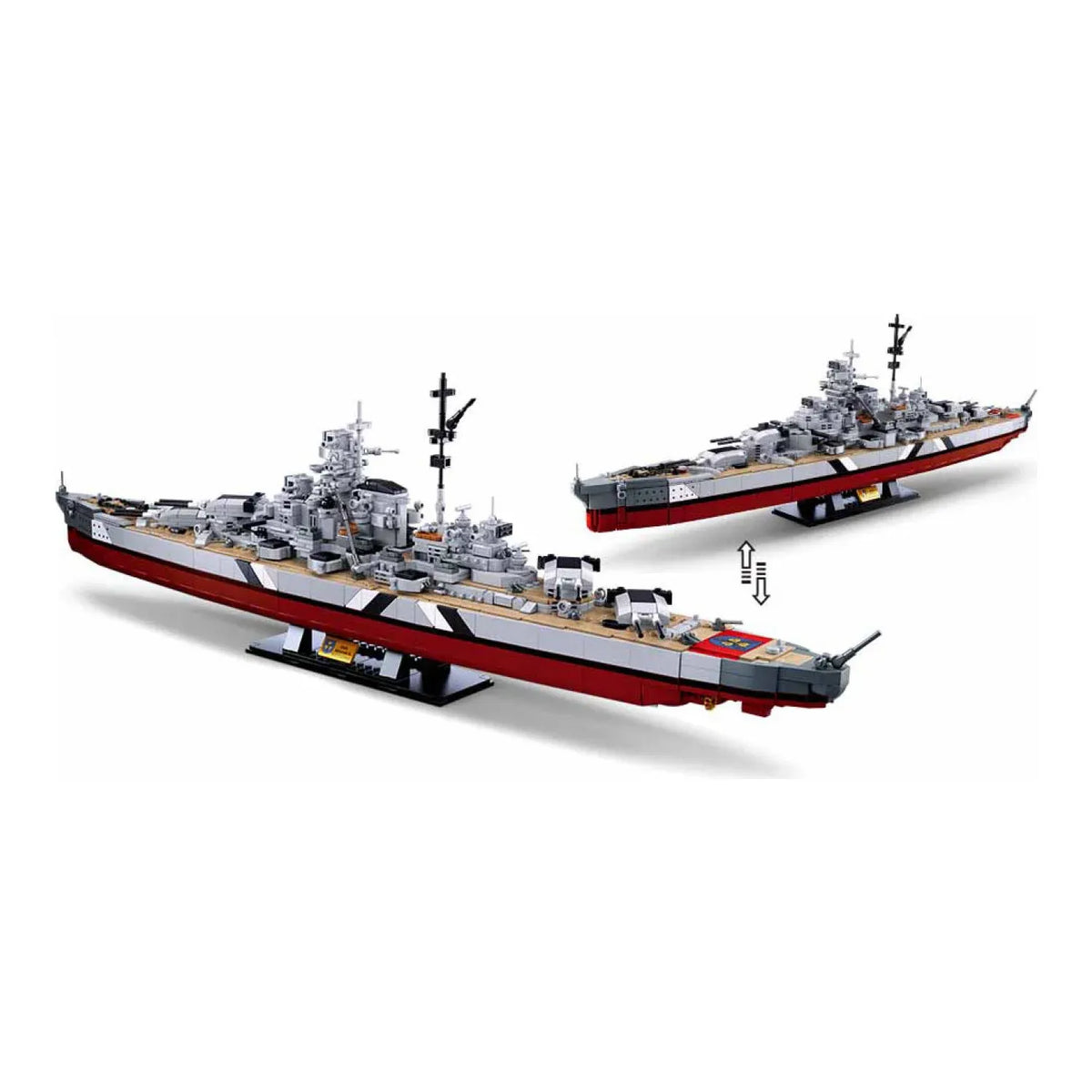 Sluban B1102 WWII Bismarck Battleship model kit showing assembled navy warship with detailed military block construction for kids.