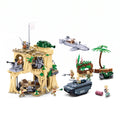 Sluban WWII Battle of Iwo Jima model kit with island bunker, landing craft, and military diorama blocks for kids' activity toy