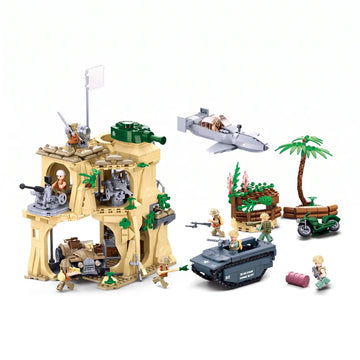 Sluban WWII Battle of Iwo Jima model kit with island bunker, landing craft, and military diorama blocks for kids' activity toy