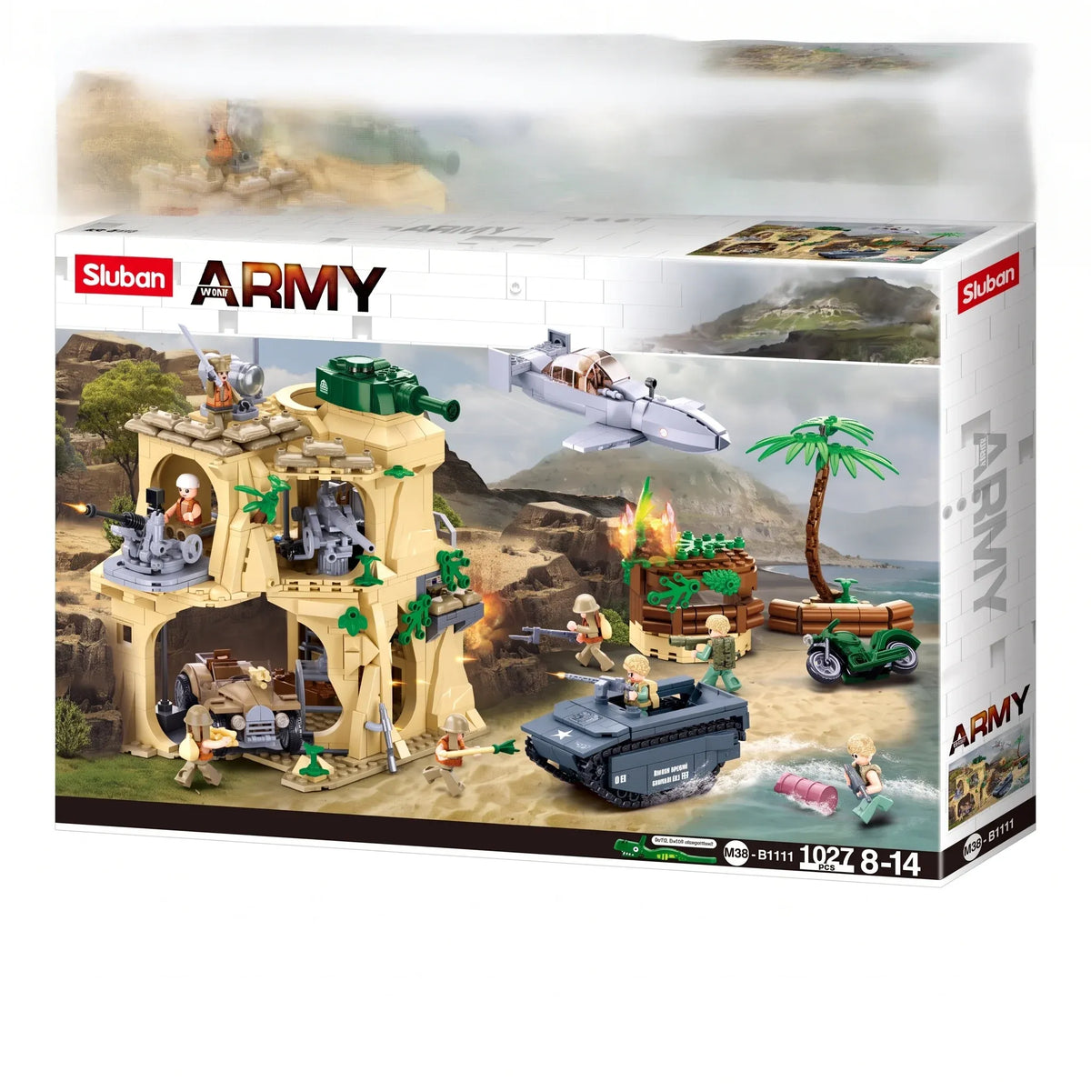 Sluban WWII Battle of Iwo Jima Diorama model kit with military landing craft, bunker, and army base blocks for kids' activity toy