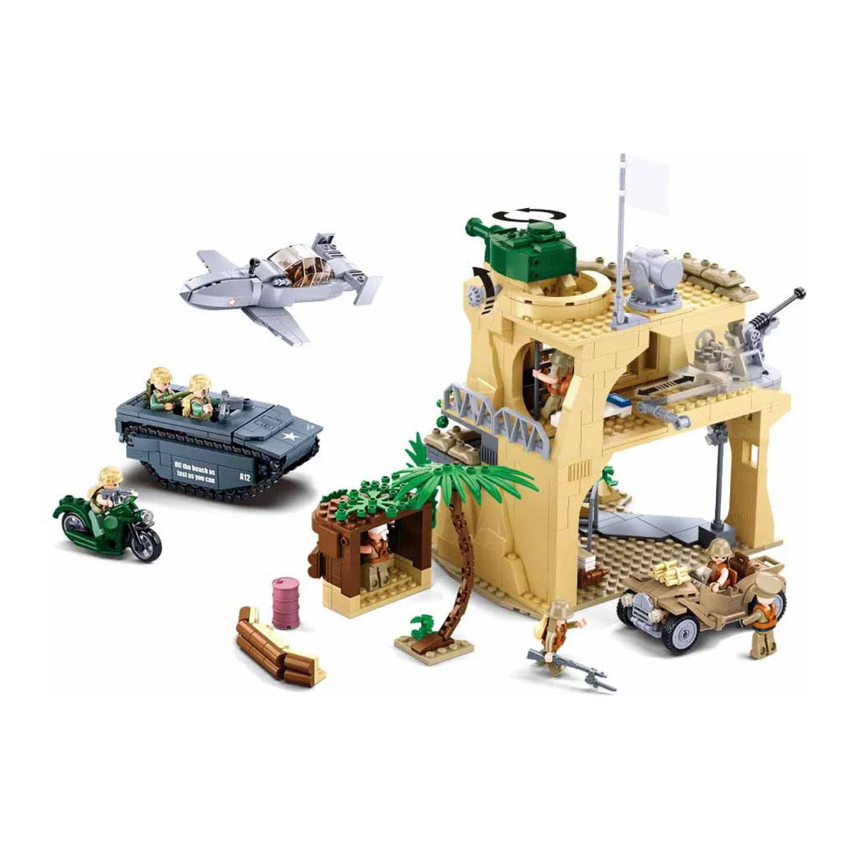 Sluban WWII Battle of Iwo Jima military diorama kit with landing craft, bunker, and army base blocks for kids' activity toy