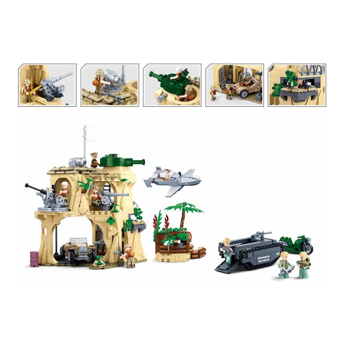Sluban WWII Battle of Iwo Jima military diorama toy set with landing craft, bunker, and army base blocks for kids' activity play.