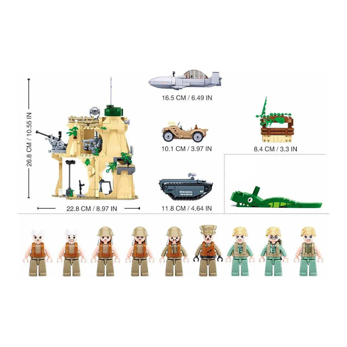 Sluban WWII Battle of Iwo Jima military diorama model kit with bunker, landing craft, and army base building blocks for kids