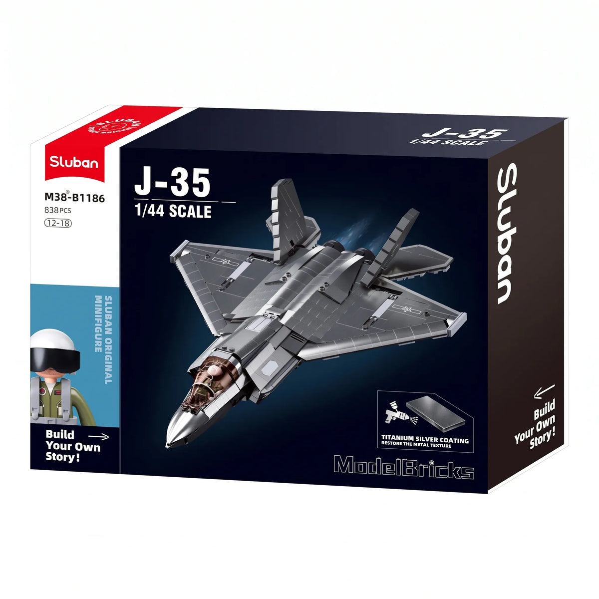 Sluban B1186 Chinese J35 Carrier Fighter stealth jet model kit for kids, featuring detailed building blocks and aircraft design.
