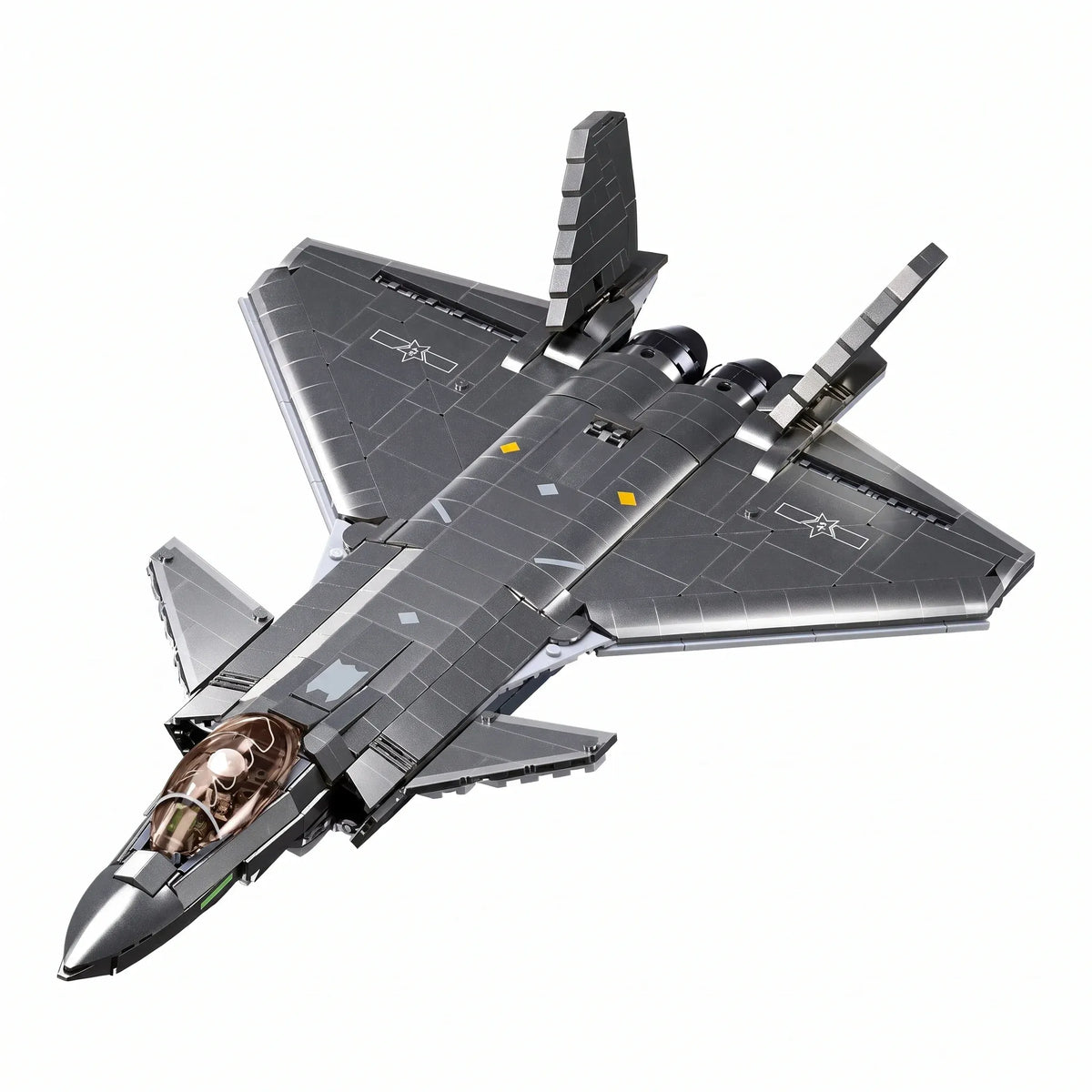 Sluban B1187 Chinese J20 Mighty Dragon stealth fighter jet model kit for kids, building block toy with detailed parts.