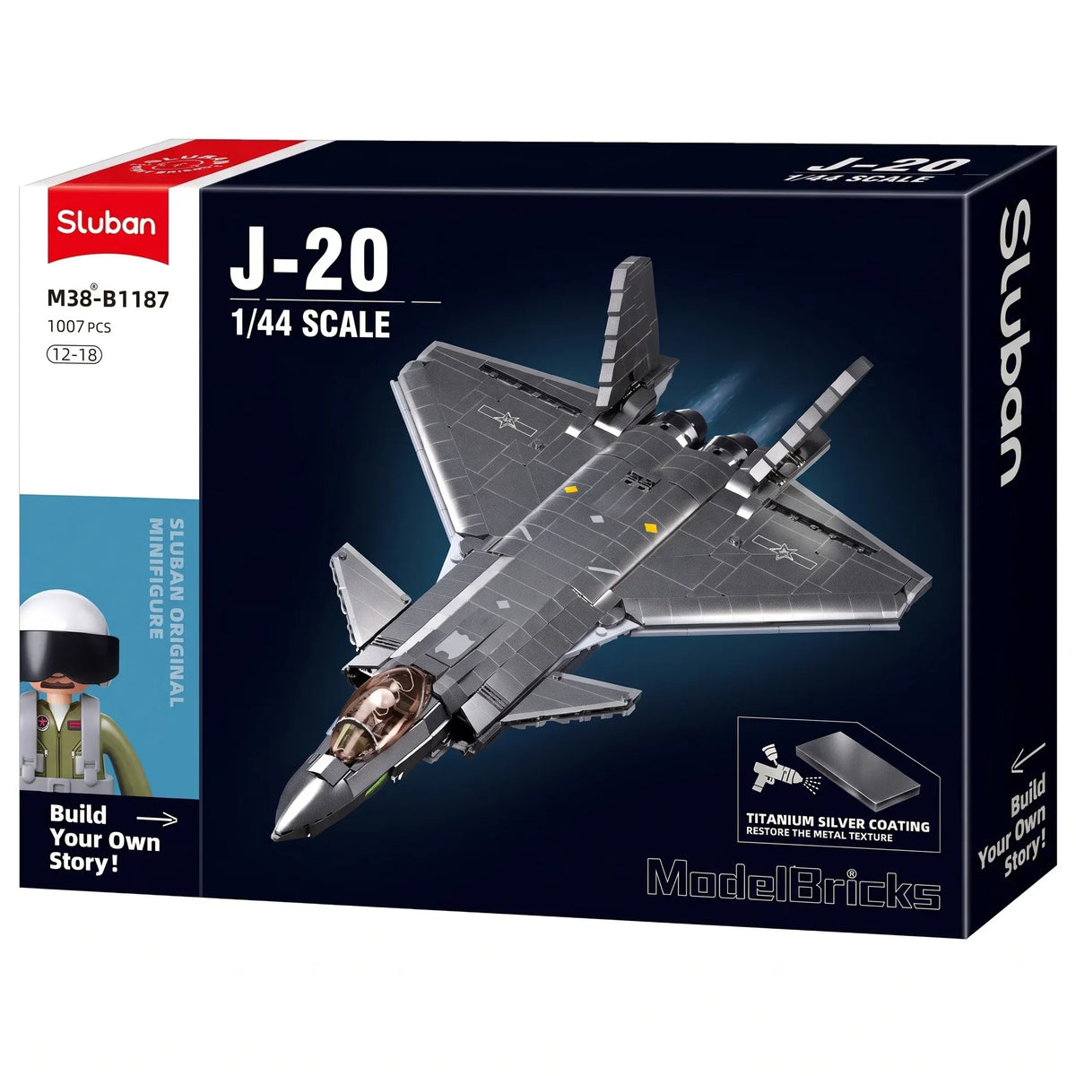 Sluban B1187 Chinese J20 Mighty Dragon stealth fighter jet building block toy for kids, featuring detailed model and modern design.