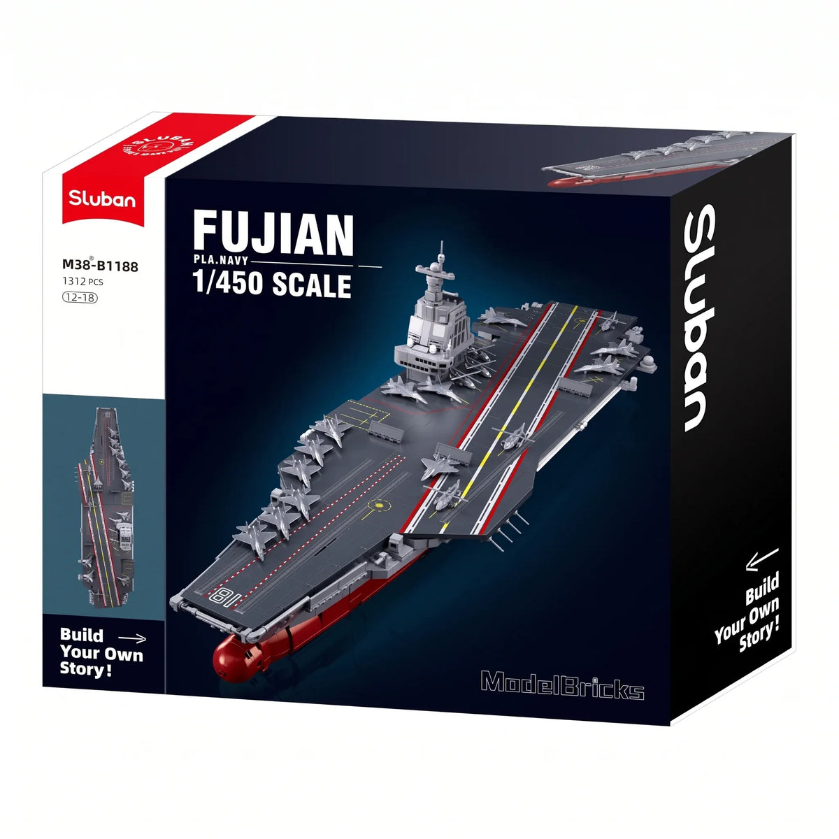 Detailed image of Sluban B1188 aircraft carrier model kit showing the Fujian Type 003 Chinese PLAN warship navy vessel made of building blocks.