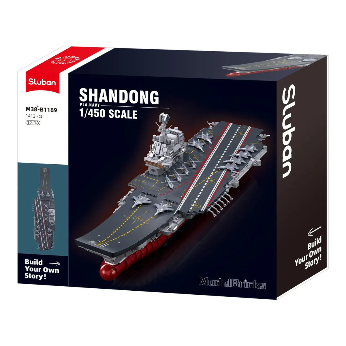 Sluban B1189 aircraft carrier model kit resembling Shandong Type 002 PLAN warship with navy vessel blocks for kids' activity toy.