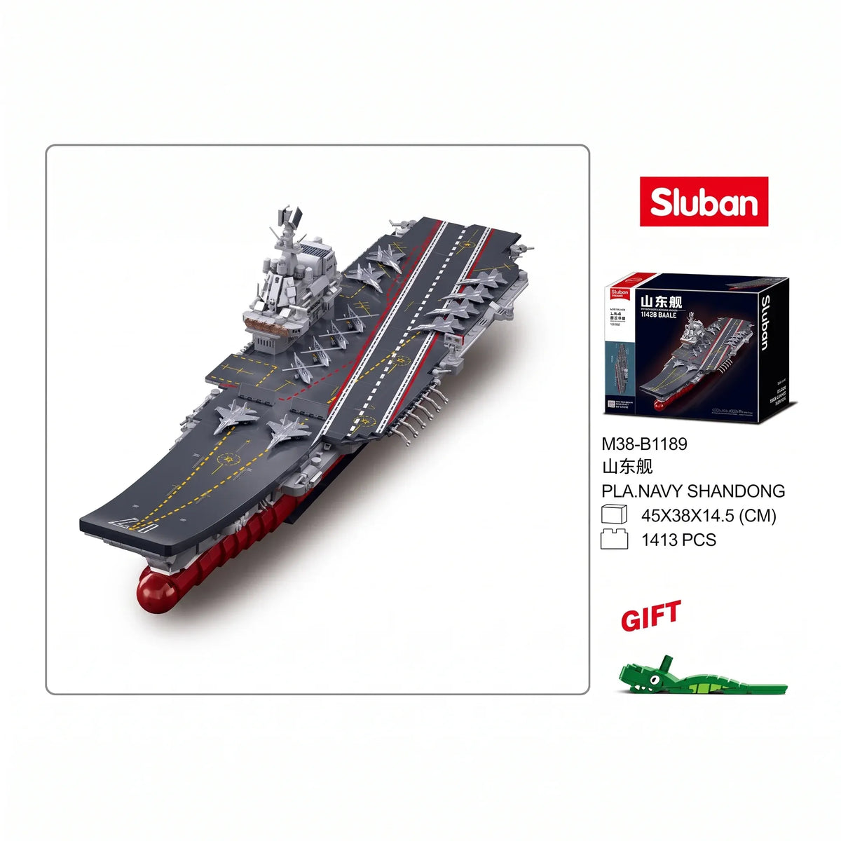 Sluban B1189 aircraft carrier model kit featuring the Shandong Type 002 PLAN warship navy vessel made of building blocks.