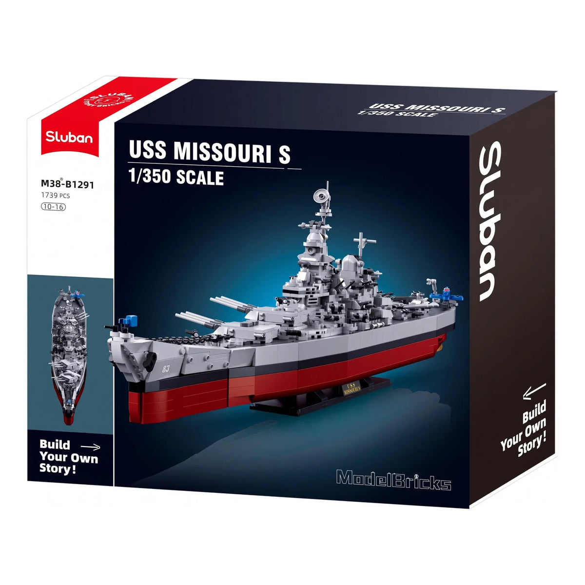 Sluban B1291 USS Missouri BB63 battleship model kit with blocks, detailed WWII Navy warship toy for kids and hobbyists