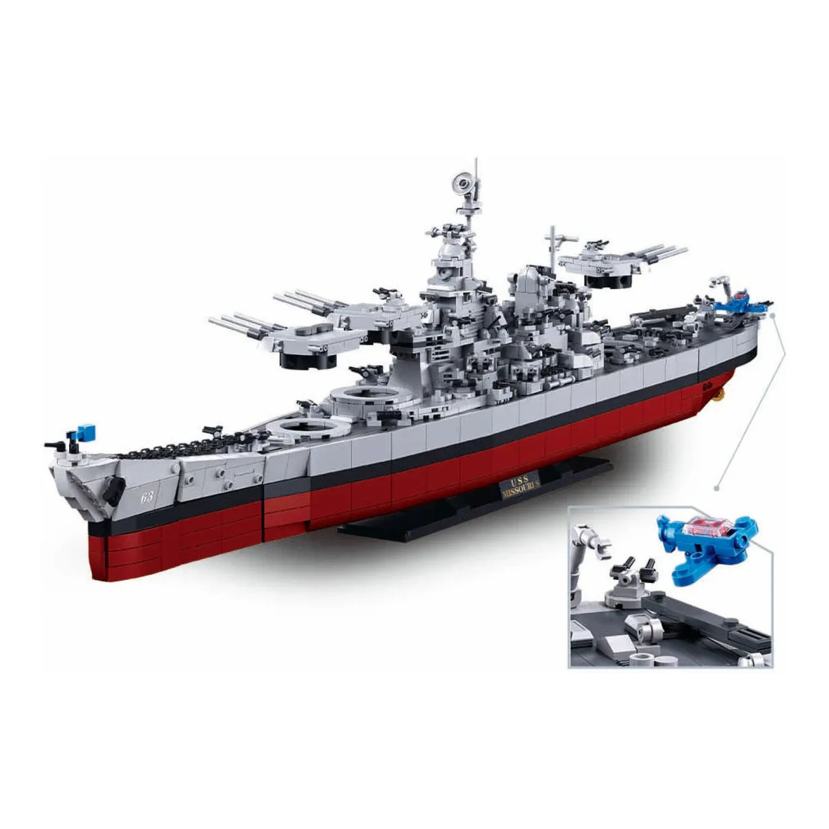 Sluban B1291 USS Missouri BB63 battleship model kit with miniature warship blocks, detailed WWII Navy vessel toy for kids