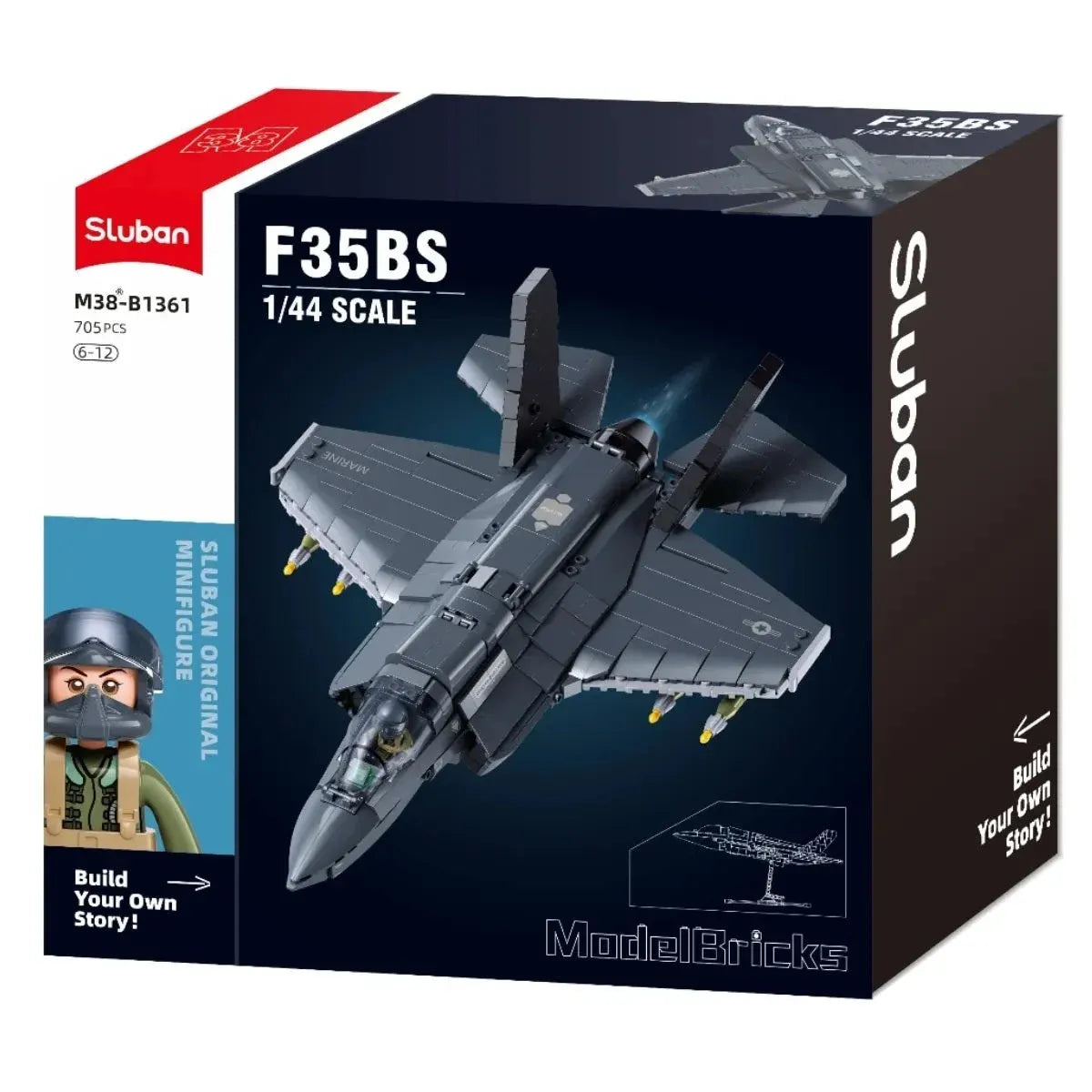 Sluban B1361 F35 Lightning stealth fighter jet model kit for kids, featuring detailed building blocks for creative play.