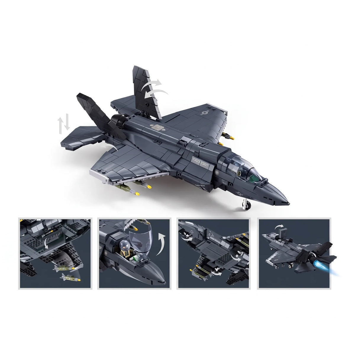 Sluban B1361 F35 Lightning Stealth Fighter jet model kit for kids, featuring detailed USAF airplane building blocks toy.