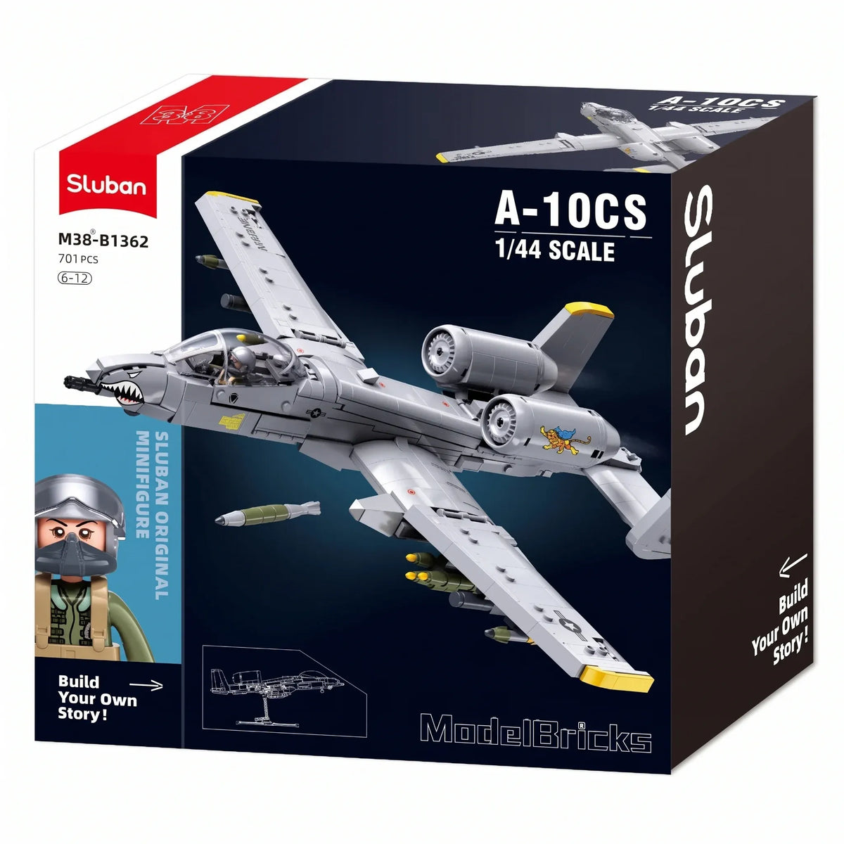Sluban B1362 A10 Warthog Attack Jet fighter plane model kit, building blocks toy for kids, USAF military aircraft, DIY activity set