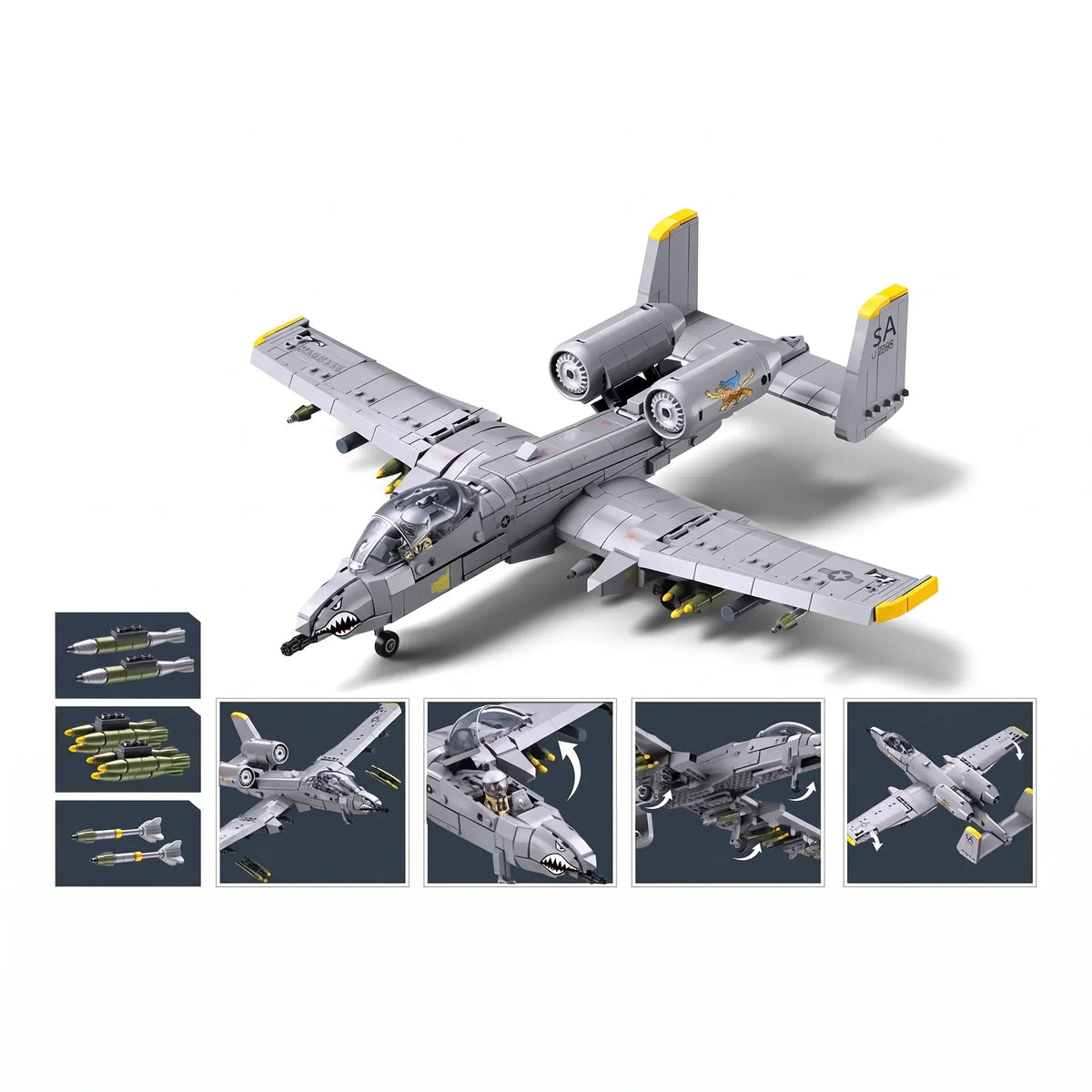 Sluban B1362 A10 Warthog Thunderbolt attack jet fighter model kit, built with colorful plastic building blocks for kids’ activity toy.