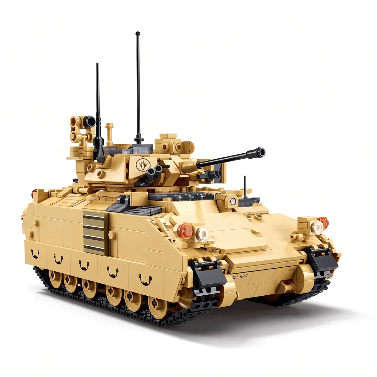 Sluban B1363 M3A3 Bradley armored infantry vehicle model kit with military building blocks for kids, assembled and detailed.