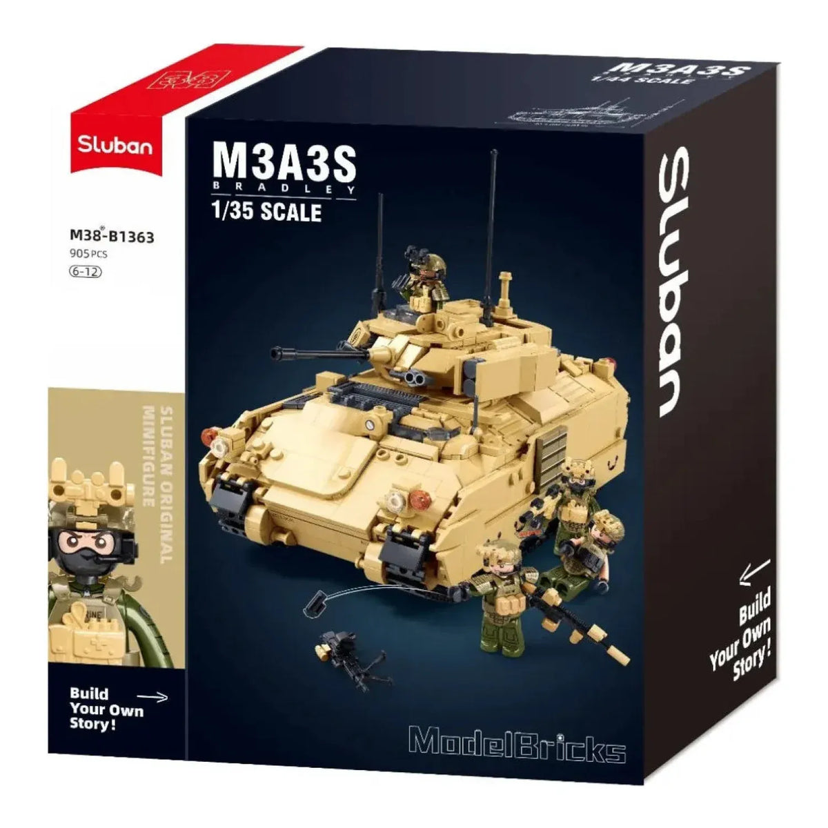 Sluban B1363 military model kit featuring a 1:35 M3A3 Bradley armored infantry vehicle with building blocks, suitable for kids' activity toys