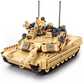 Sluban B1365 military model kit featuring a 1:35 scale M1A2 Abrams TUSK II battle tank made of building blocks for kids.