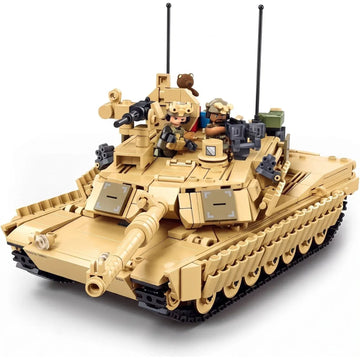 Sluban B1365 military model kit featuring a 1:35 scale M1A2 Abrams TUSK II battle tank made of building blocks for kids.