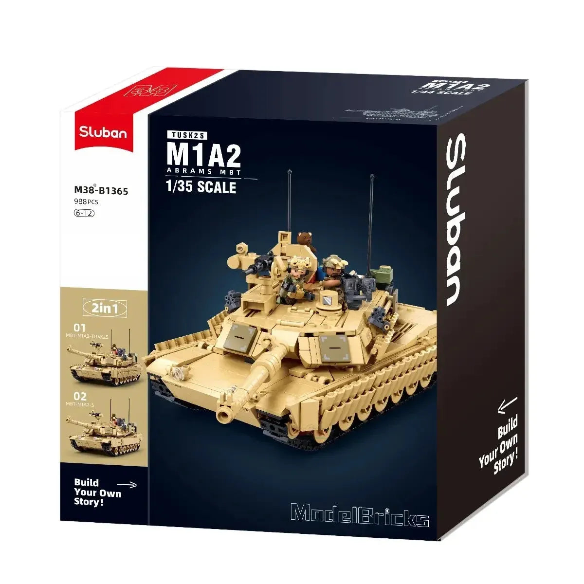 Sluban B1365 M1A2 Abrams TUSK II battle tank model kit with detailed military building blocks for kids, featuring realistic tank design.