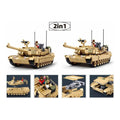 Detailed image of the Sluban B1365 M1A2 Abrams TUSK II Battle Tank model kit for kids, featuring military building blocks and accessories.
