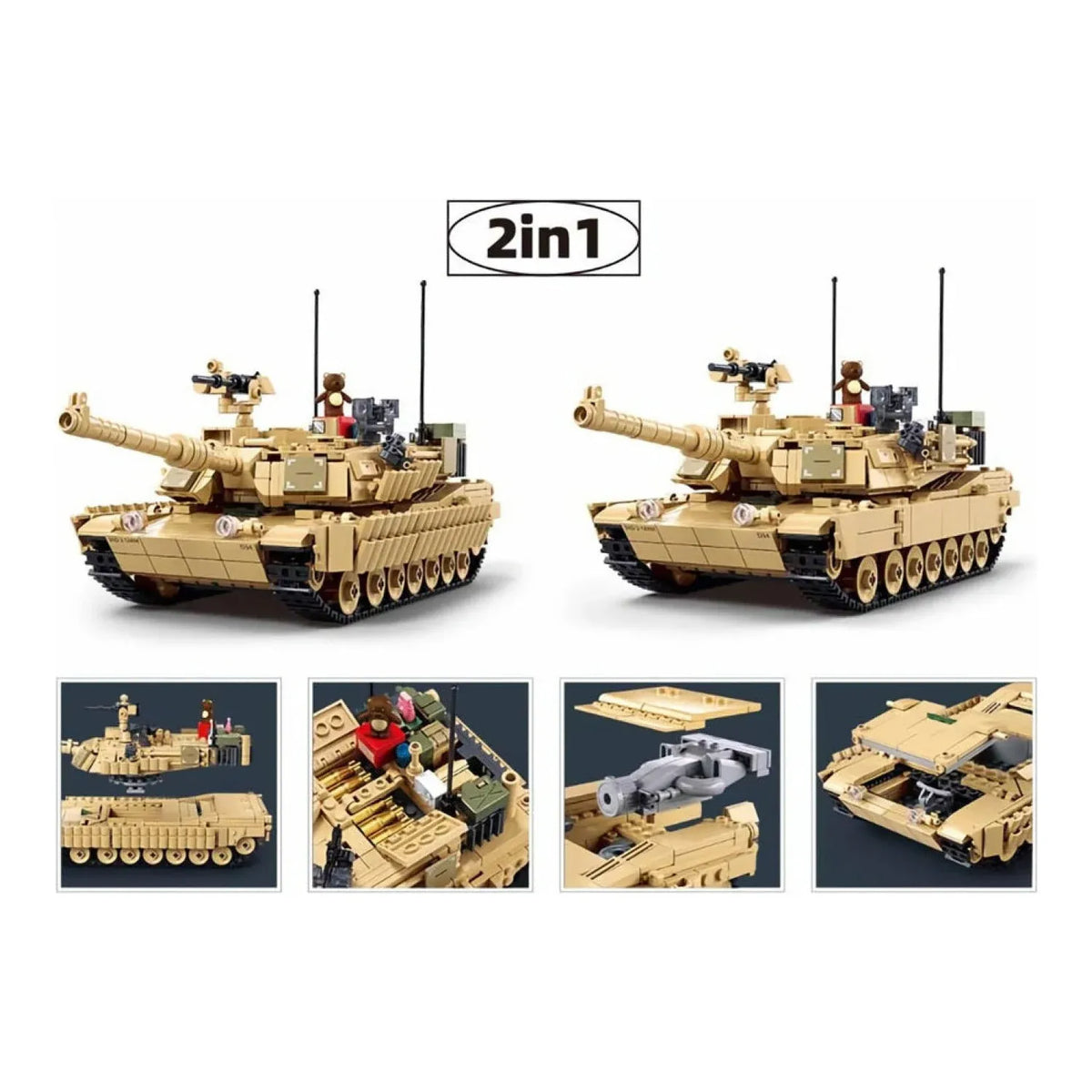 Detailed image of the Sluban B1365 M1A2 Abrams TUSK II Battle Tank model kit for kids, featuring military building blocks and accessories.