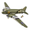 Sluban B1366 C47 Skytrain model kit toy featuring WWII cargo aircraft building blocks for kids, assembled and displayed.