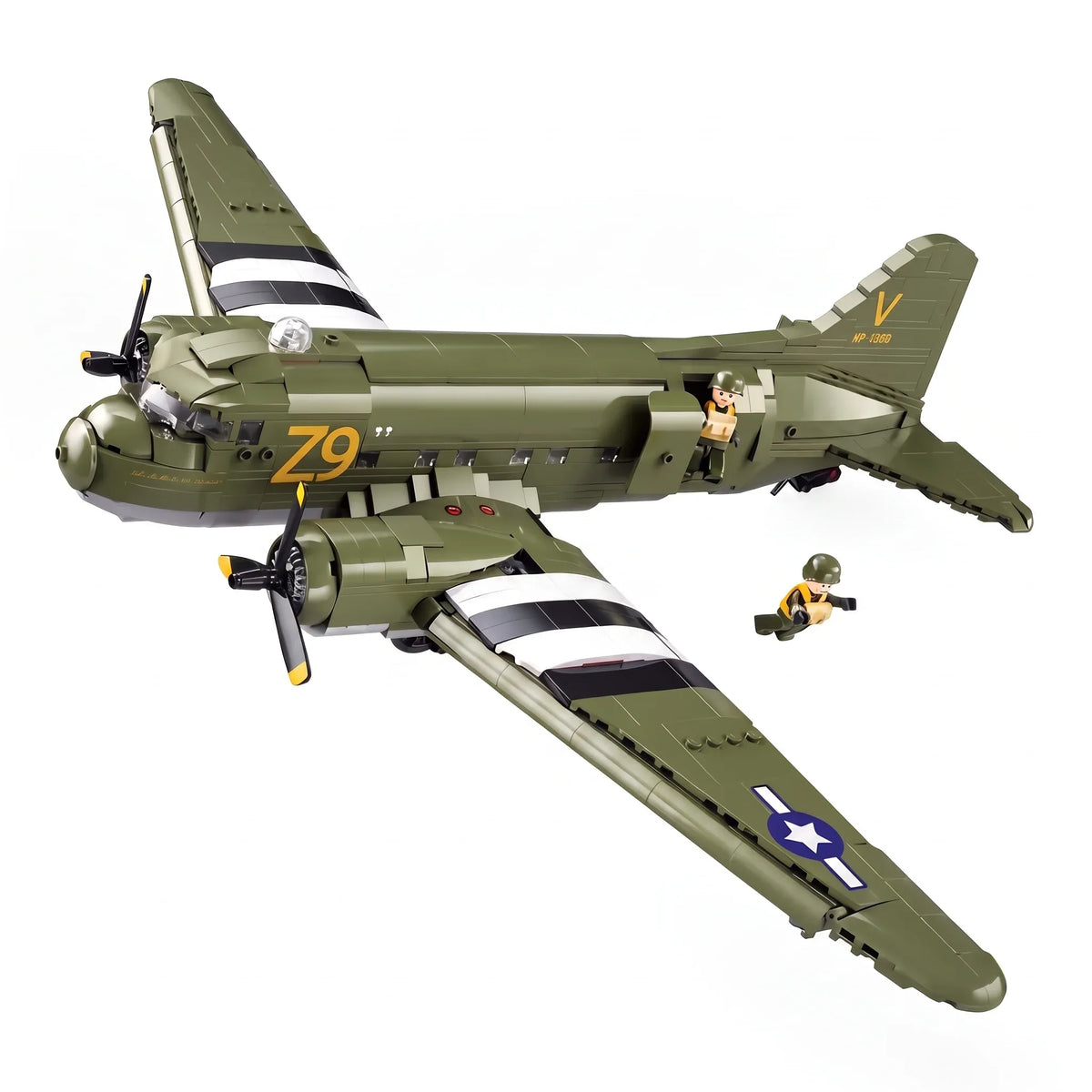 Sluban B1366 C47 Skytrain model kit toy featuring WWII cargo aircraft building blocks for kids, assembled and displayed.