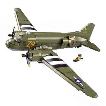 Sluban B1366 C47 Skytrain model kit toy featuring WWII cargo aircraft building blocks for kids, assembled and displayed.