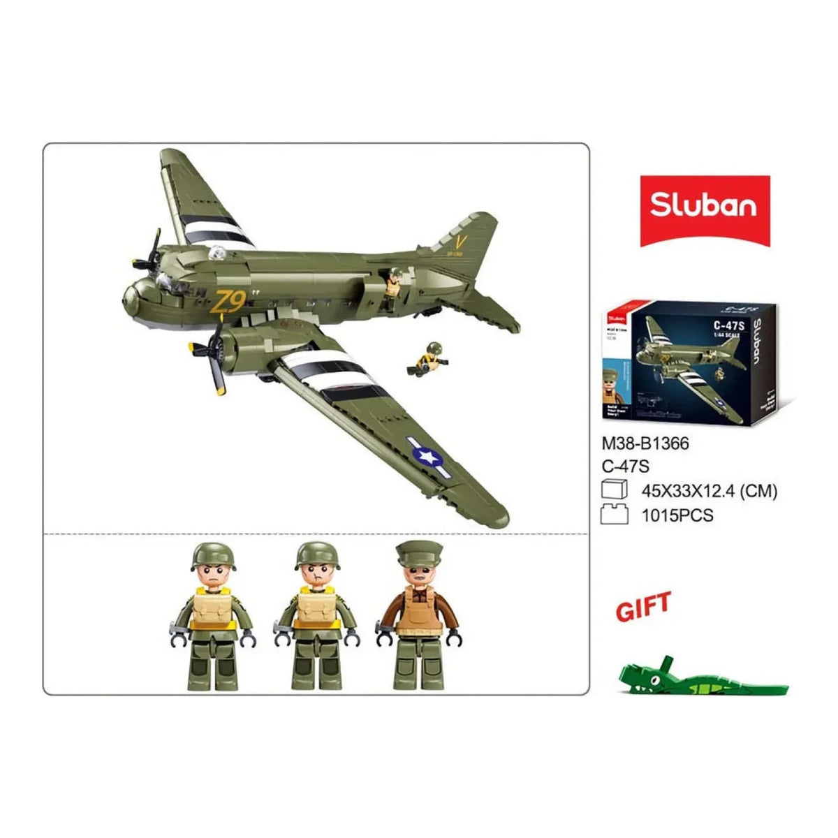 Sluban B1366 C47 Skytrain aircraft model kit with building blocks for kids, featuring WWII cargo transport plane assembly.