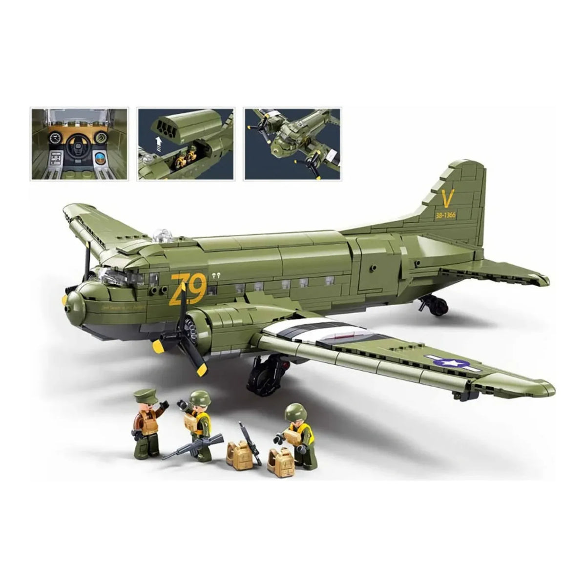 Sluban B1366 C47 Skytrain aircraft model kit for kids, detailed WWII Air Force cargo transport building blocks toy.