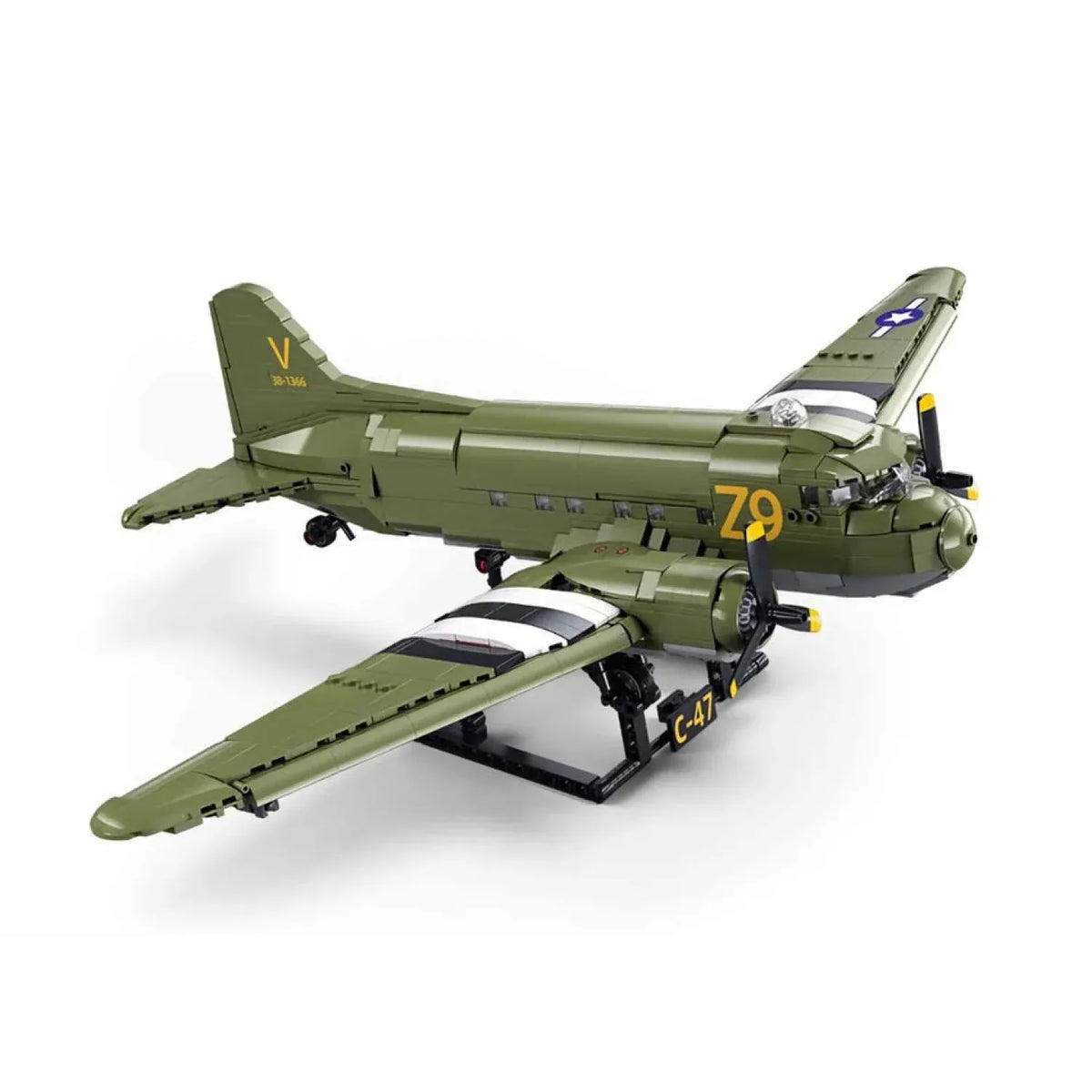 Sluban B1366 C47 Skytrain aircraft model kit for kids, featuring WWII air force cargo transport building blocks toy.