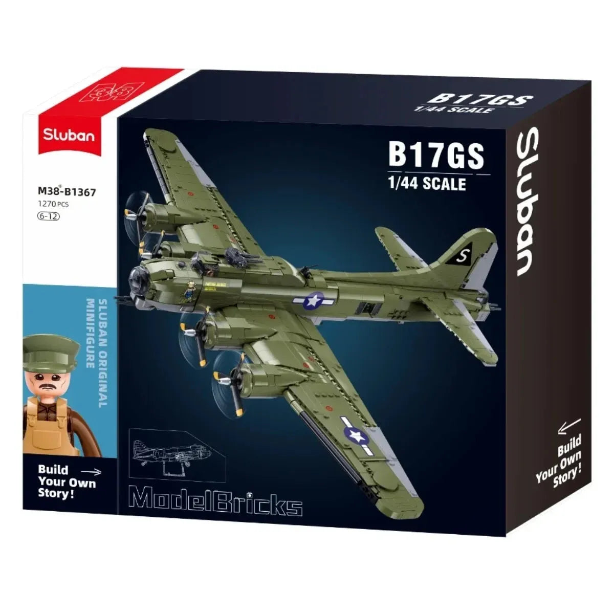 Sluban B1367 WWII B17 Flying Fortress model kit for kids, featuring detailed military building blocks for educational play and fun.